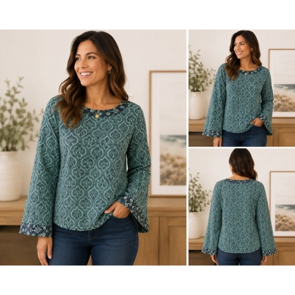 Finn & Grace Teal Damask Paisley Bell Sleeve Blouse Womens Medium Navy Trim